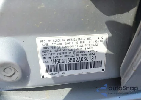 2002 Honda Accord 3.0 Ex z USA, uszkodzony, nr VIN 1HGCG16592A060181